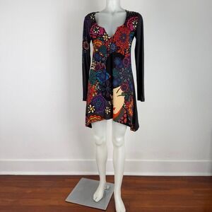 Desigual Geisha Graphic Floral Dress Asymmetrical Hem Black Multi SZ L